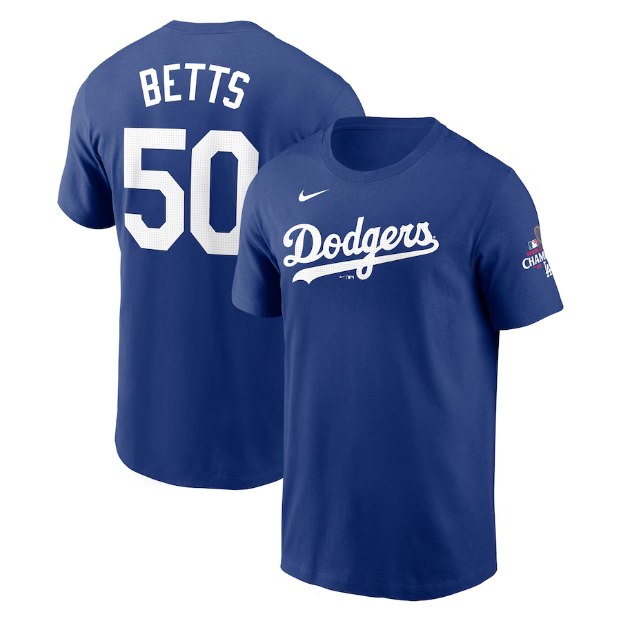 Men Los Angeles Dodgers #50 Betts 2024 MLB World Series Champions blue T shirts